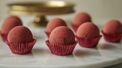 Red velvet truffles dessert display, marble, confectionery