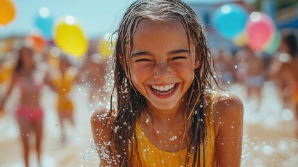 Fototapeta premium Children and adults engaged in a playful water balloon fight, splashing each other with colored water, creating an exciting and fun atmosphere.