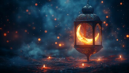 Enchanting lantern casting a crescent moon glow in mist

