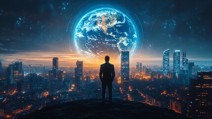 Fototapeta premium Mixed media of businessman and abstract Earth