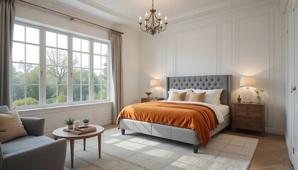 Luxurious Modern Bedroom Interior Design with Gray Upholstered Bed, Orange Throw, and Elegant Chandelier