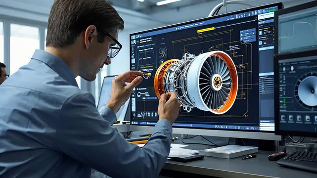Engineer Analyzing Digital Design of Aircraft Engine on Computer with 3D Modeling Software

