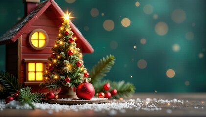 A whimsical dollhouse scene with a sparkly Christmas tree and a red ornamented ball, festive, berries, decorated