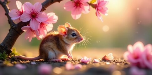 A tiny mouse snuggles into the warmth of a sunny spot under blooming cherry blossoms, snuggle, blooms
