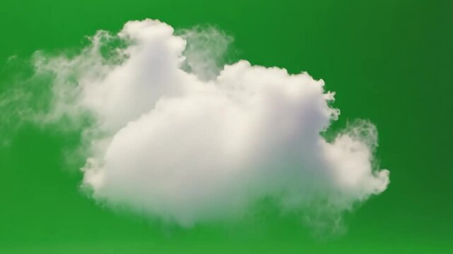 Single Cloud on Green Screen: A fluffy, white cumulus cloud floats against a vibrant green screen, ideal for compositing and visual effects.  The cloud is brightly lit and realistically rendered. 