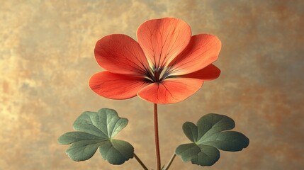 Vibrant red flower with lush green leaves against a textured golden background