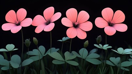 Beautiful pink flowers with lush green leaves against a dark background, creating a serene atmosphere