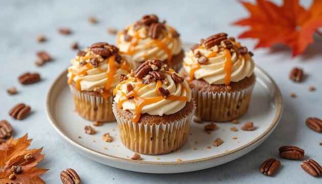 Delicious Pecan Caramel Cupcakes with Autumn Leaves, perfect for fall baking and dessert recipes.