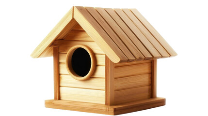 Minimalist Perspective of a Wooden Birdhouse with Clean Lines and Textured Surfaces on a White Background