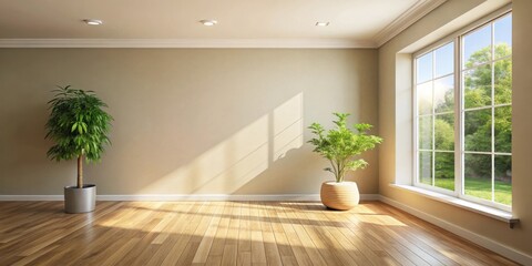 Fototapeta premium Sunlit Room Interior Design Featuring Potted Plants and Hardwood Floor
