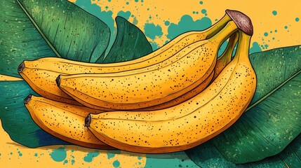 Vibrant illustration of ripe bananas resting on green leaves with a colorful splattered background
