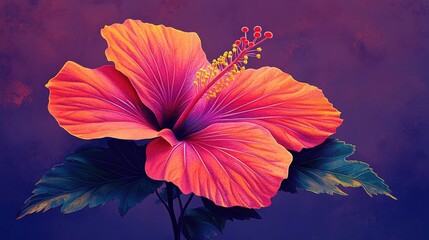 Vibrant hibiscus flower in vivid colors against a soft purple background, showcasing nature's beauty