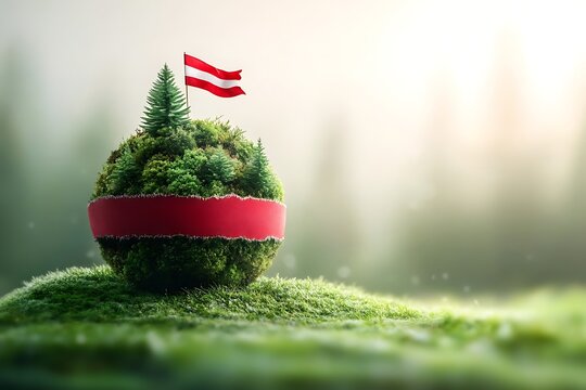 Austrian flag on miniature earth globe with red ribbon. - Powered by Adobe