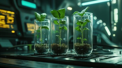 Lab-grown plants in test tubes, futuristic lab