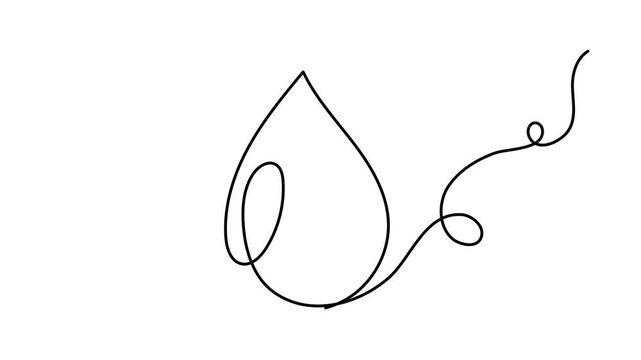 Water drop one line art animation,hand drawn fresh wet dew design drawing continuous contour drawing motion.Aqua drinkable natural rainy dribble outline,pour moisture symbol video.4k self-drawing 