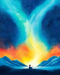 Fototapeta premium A serene scene depicts a figure admiring a vibrant aurora over mountains, blending deep blues, fiery oranges, and luminous greens under a starry sky.