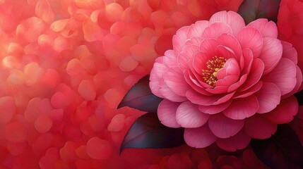 Vibrant pink flower against a soft red background, showcasing delicate petals and lush leaves