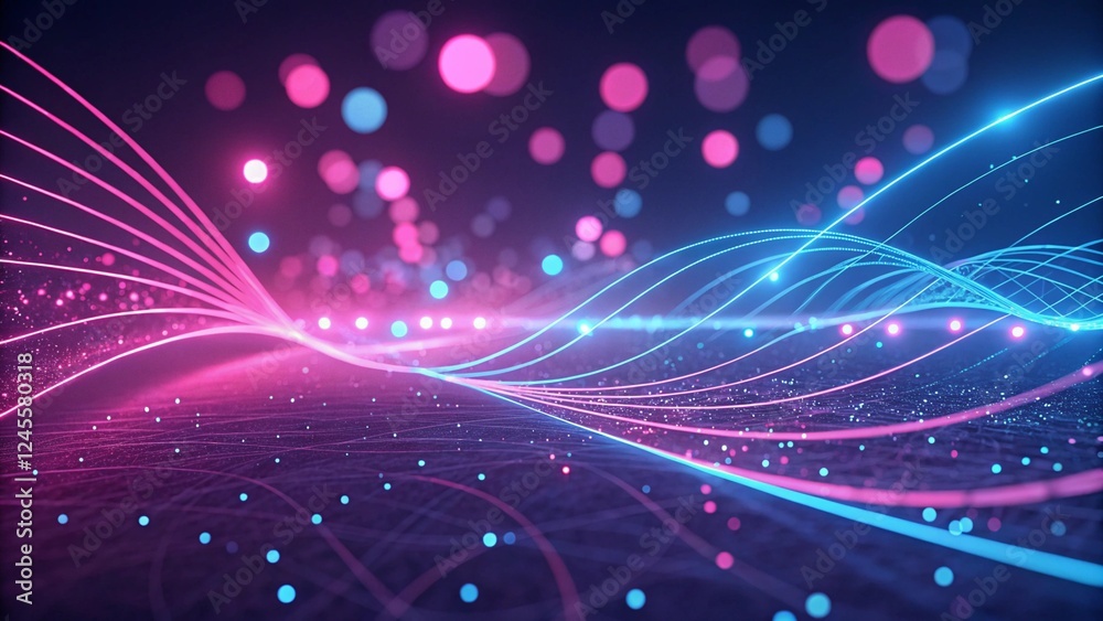 Poster 3d render, abstract background with pink, blue glowing neon lines and bokeh lights. data transfer co