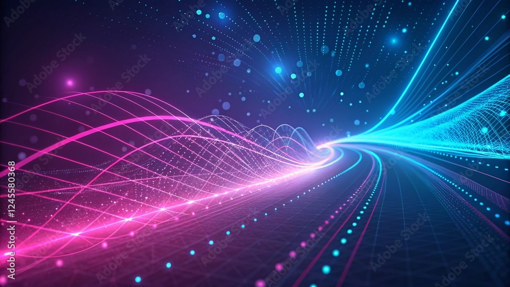 Poster 3d render, abstract background with pink, blue glowing neon lines and bokeh lights. data transfer co