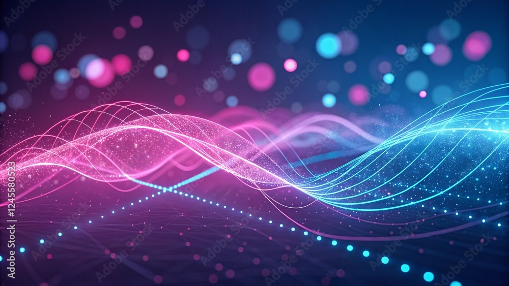 Poster 3d render, abstract background with pink, blue glowing neon lines and bokeh lights. data transfer co