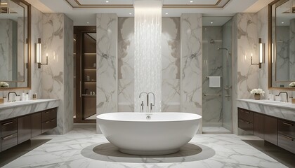 Luxury modern bathroom design with freestanding bathtub, marble flooring, and rainfall shower