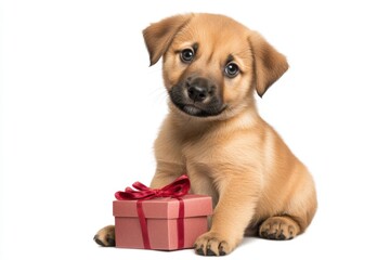 Obraz premium Adorable golden puppy with blue eyes sitting next to a small gift box wrapped with a red ribbon, set against a white background, perfect for Valentine's Day and special occasions