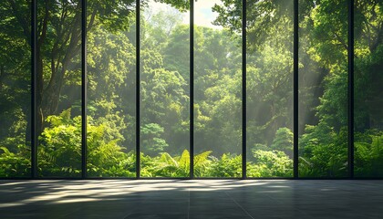 A serene virtual background of a nature-inspired workspace with a view of a dense forest through large glass panels © Quratulain