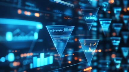 marketing funnel and data analytics used by a team of sales consultant to analyze leads generation, conversion rate, and sales performance of e commerce. multi channel advertising, customer journey.