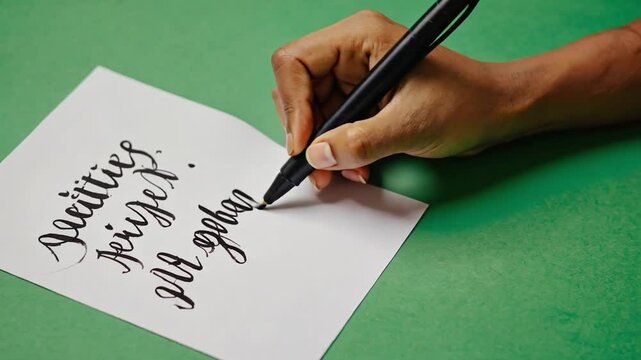 Handwriting Calligraphy: Close-up of a hand elegantly practicing calligraphy, ink flowing onto the page, creating beautiful script. The focus is on the precise penmanship and artistic process.