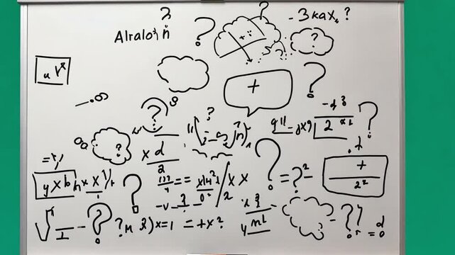 Brain Teaser on Whiteboard: A whiteboard is filled with a chaotic yet intriguing mix of mathematical equations, question marks, and thought bubbles.