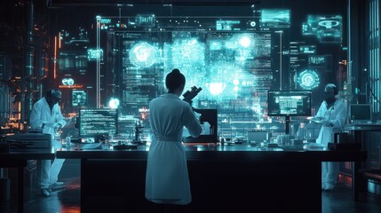Scientist analyzing data, futuristic lab, holographic displays, research