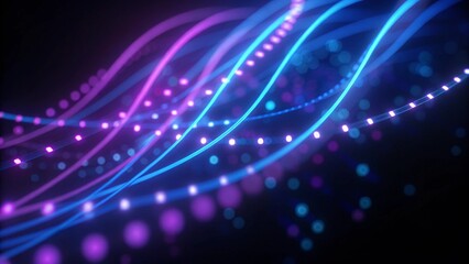 Obraz premium 3d render, abstract background with pink blue neon lines glowing in ultraviolet light, and bokeh lights. Data transfer concept. Digital futuristic wallpaper, glowing, tech, vibrant light beam