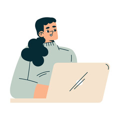 Business Process with Woman Working at Laptop Vector Illustration