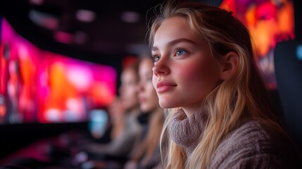 Fototapeta premium Young woman watching vibrant screen.
