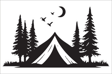 Obraz premium Scenic Mountain Landscape with Camping Silhouettes Vector Art