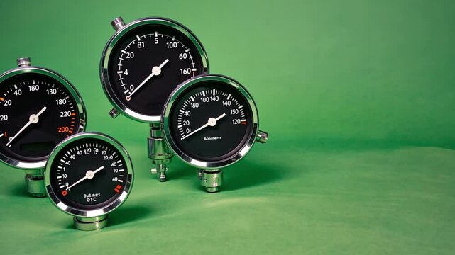 Precision Gauges on Green: A quartet of  industrial gauges, each with a clear chrome casing and black face, meticulously arranged on a plush green background.