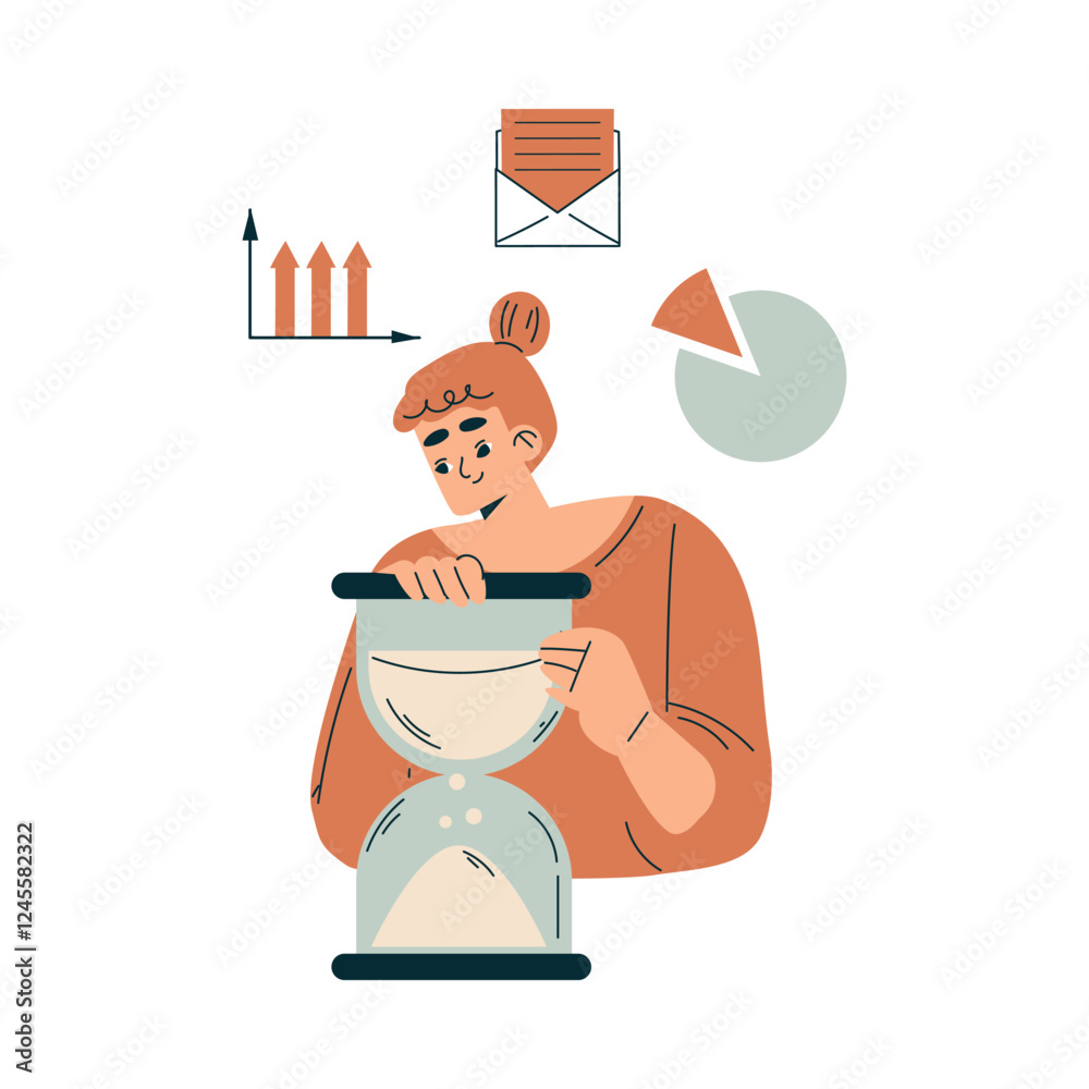 Aufkleber time management with woman character with hourglass organizing efficient business process vector ill