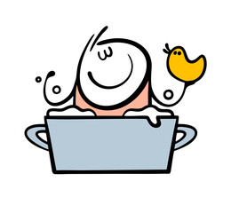 Little boy is bathing in a basin with soap suds and playing with a rubber duck. Funny vector illustration of a child washing with a toy in the bathtub. Isolated funny character on white background.