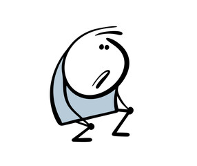 Startled stickman sat down in surprise. Vector illustration of a man with his knees bent and looking at a surprise in confusion. Isolated funny character on white background.