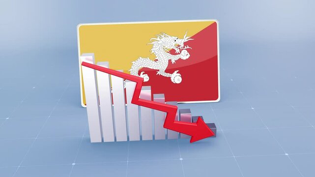 Bhutan country flag and bar chart graph showing decreasing values a red arrow economic crisis concept. Flag of Bhutan