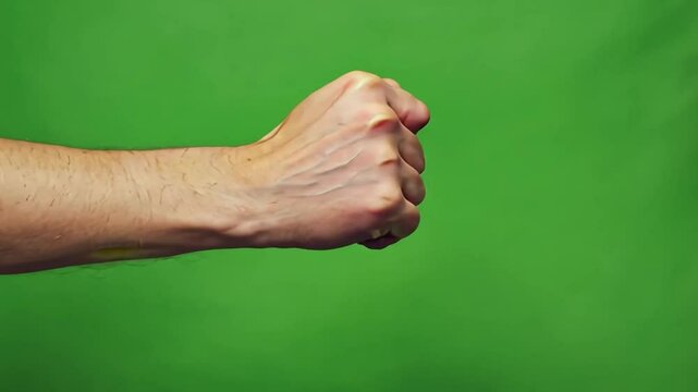 Clenched Fist Against Green: A close-up shot of a male hand clenched into a tight fist, set against a vibrant green background.  The image evokes feelings of determination, strength, and power.