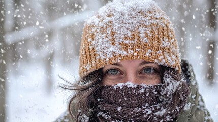 A person wearing a knitted hat while enjoying a winter walk in the snow.c
