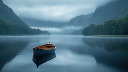 Serene boat floating on a misty lake surrounded by mountains and lush greenery at dawn
