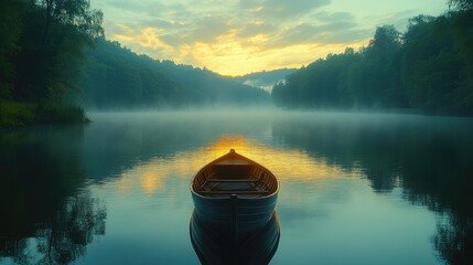 Serene sunrise over a misty lake with a solitary boat reflecting golden light