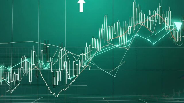 Growth Trajectory: A stylized green and white stock market chart with an upward-pointing arrow symbolizes a positive financial outlook and upward growth trend. 