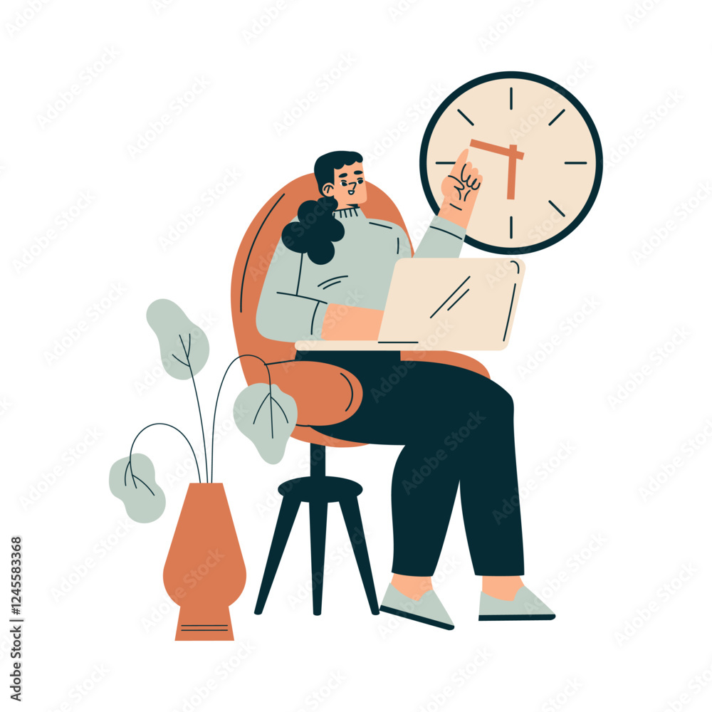 Poster time management with woman character at laptop organizing efficient business process vector illustra