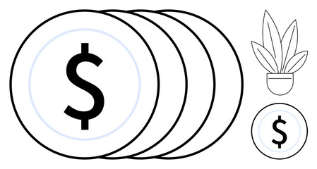 Four stacked dollar coins, small dollar coin, and potted plant. Ideal for financial growth, savings, investments, wealth management, economic strategies, business profits personal finance tips