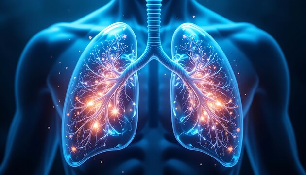 High-resolution 3D rendering of human lungs with detailed bronchioles and alveoli, showcasing respiratory system anatomy.