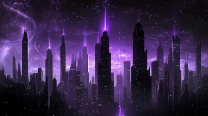 Futuristic Purple Cityscape at Night with Starry Galaxy Sky