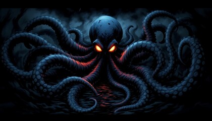 Obraz premium Giant Kraken Digital Art Dark Fantasy Glowing Eyes Wallpaper